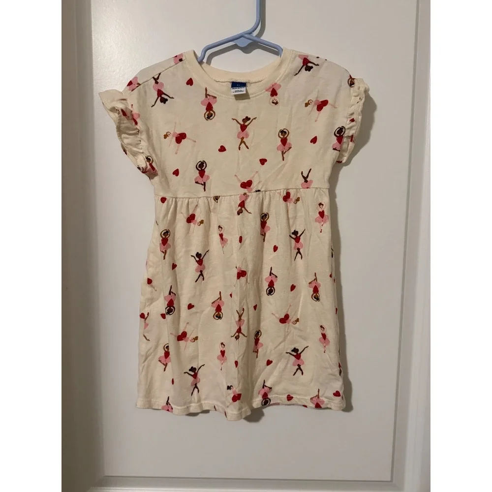 Old Navy Girls Ballerina Heart Print Flutter Sleeve Jersey Dress Cream Pink 3T